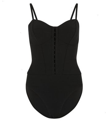 Black Ribbed Hook And Eye Bodysuit New Look