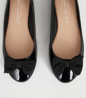Image of Wide Fit Black Patent Bow Ballet Pumps New Look Vegan