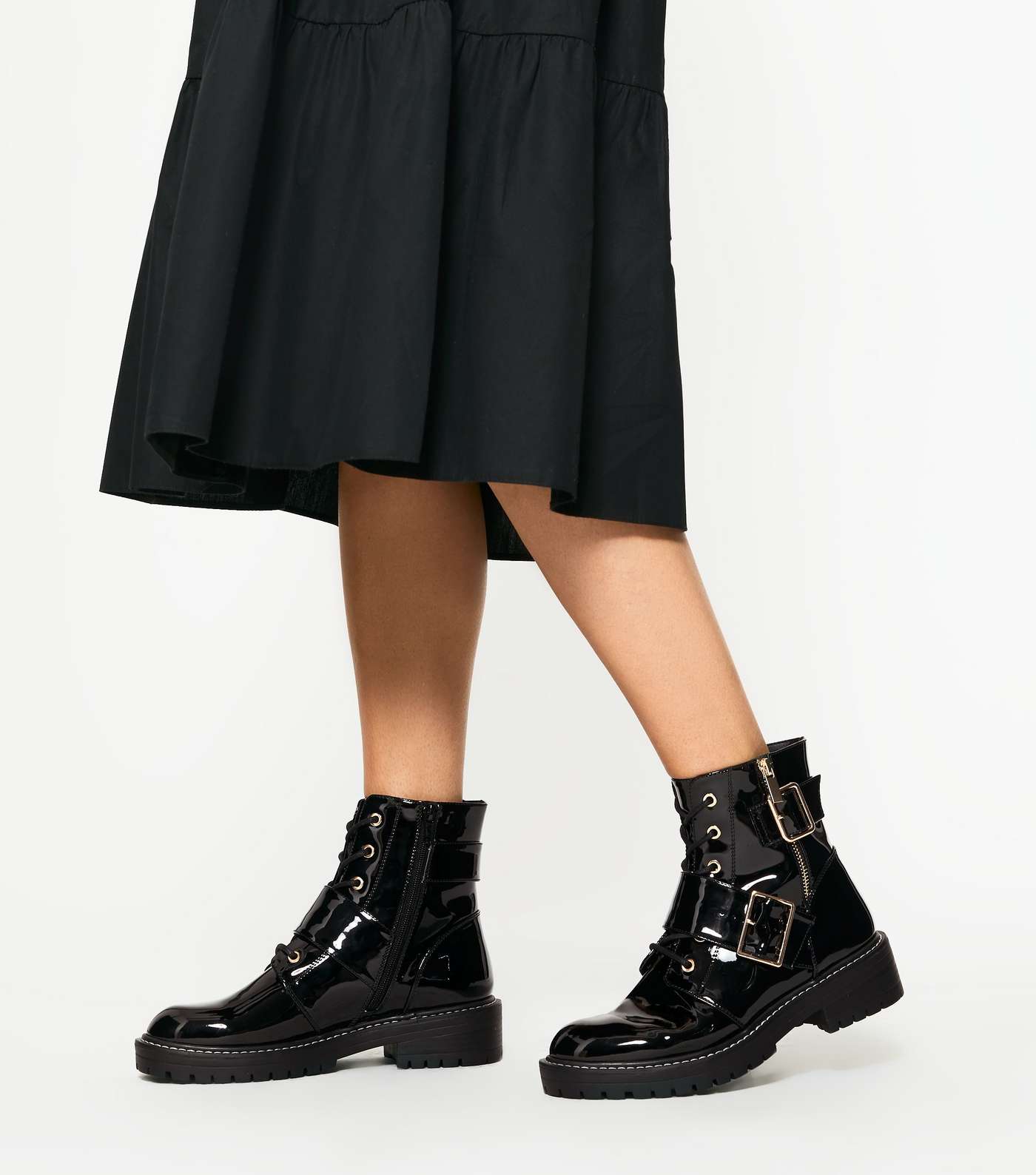 Black Patent Lace Up Buckle Boots