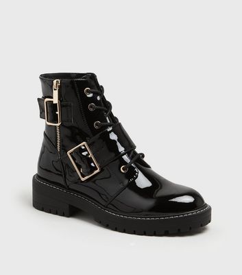 Black Patent Lace Up Buckle Boots | New 
