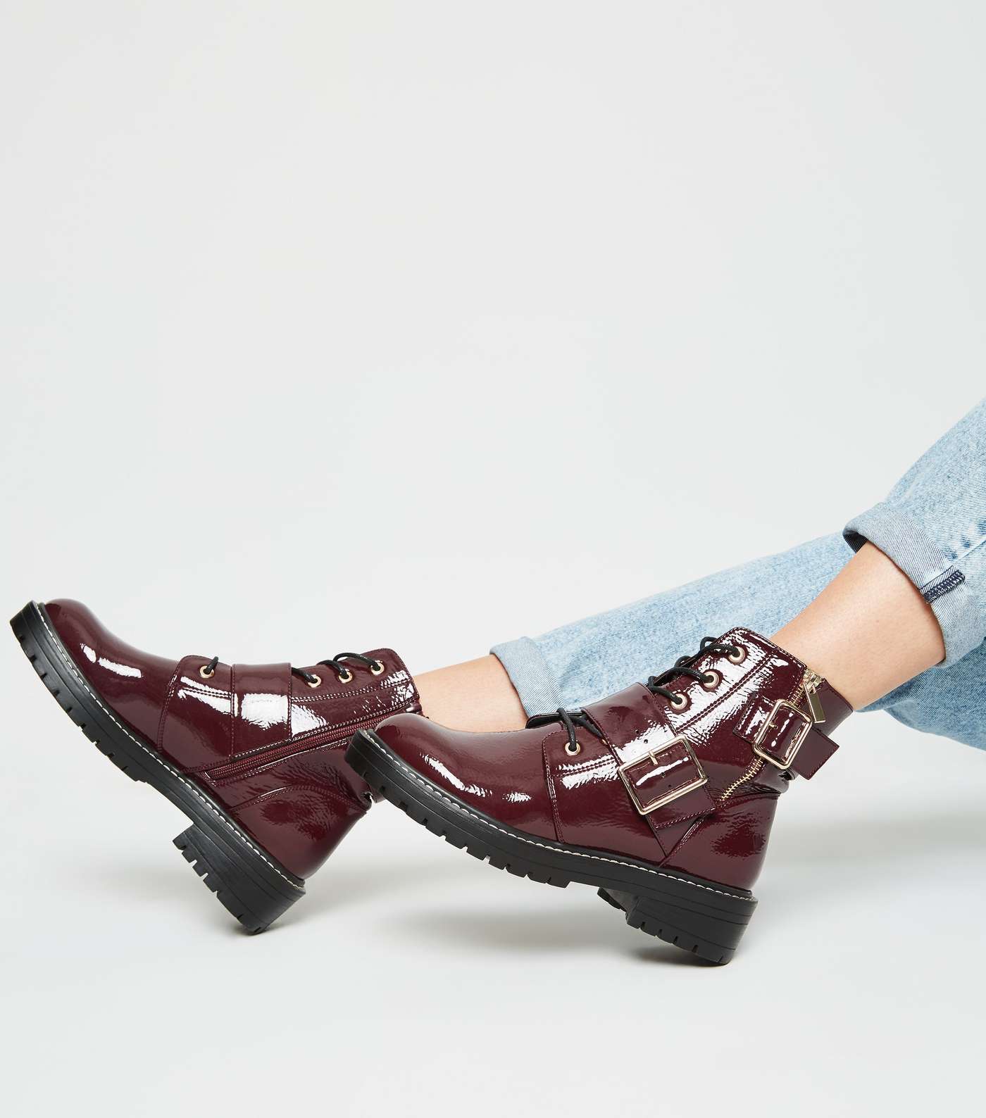 Dark Red Patent Lace Up Buckle Boots Image 2