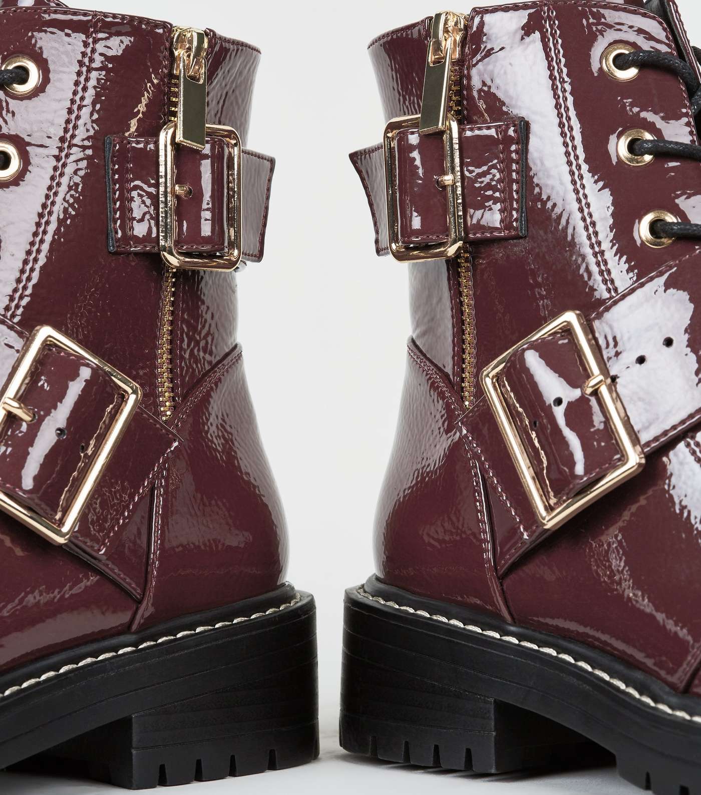 Dark Red Patent Lace Up Buckle Boots Image 4