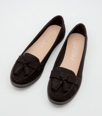 Image of Black Suedette Tassel Trim Loafers New Look