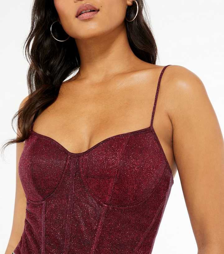 Burgundy Glitter Bustier Bodysuit