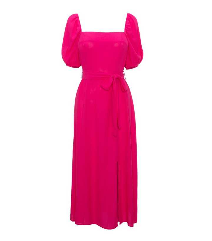 Bright Pink Square Neck Belted Midi Dress