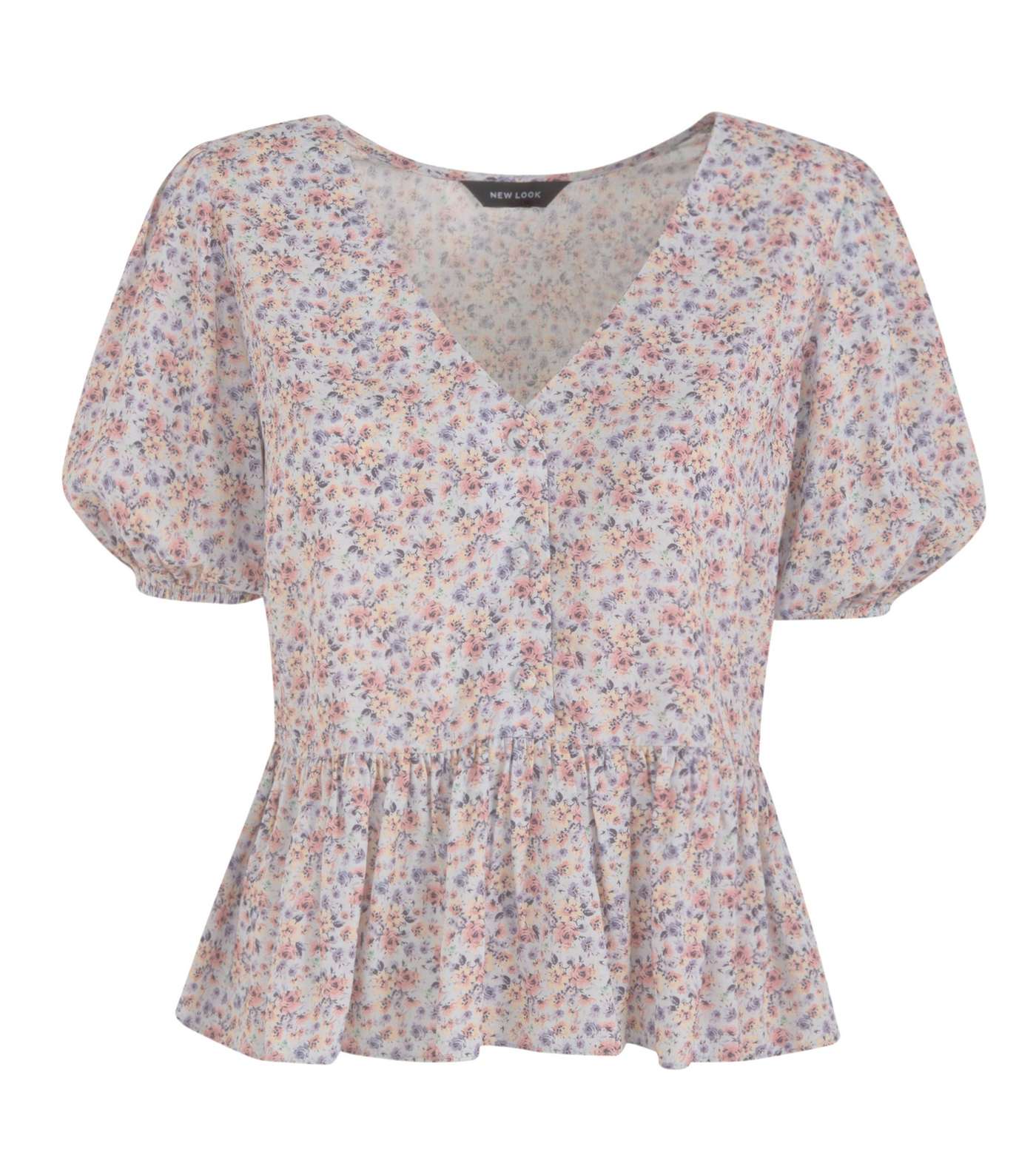 Blue Ditsy Floral Puff Sleeve Peplum Blouse 