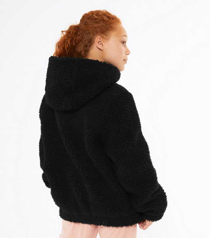 Girls Black Teddy Hooded Jacket | New Look