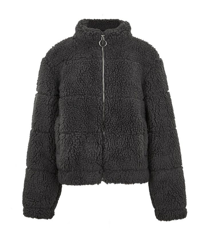 Girls Dark Grey Teddy Puffer Jacket New Look