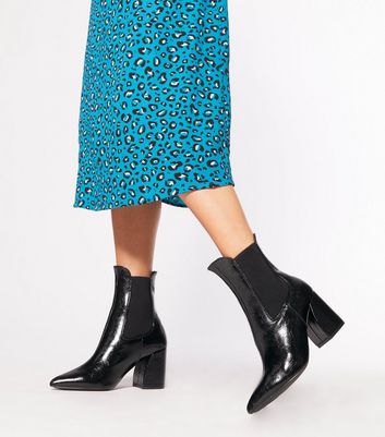 Image of Black Patent Block Heel Pointed Chelsea Boots New Look Vegan