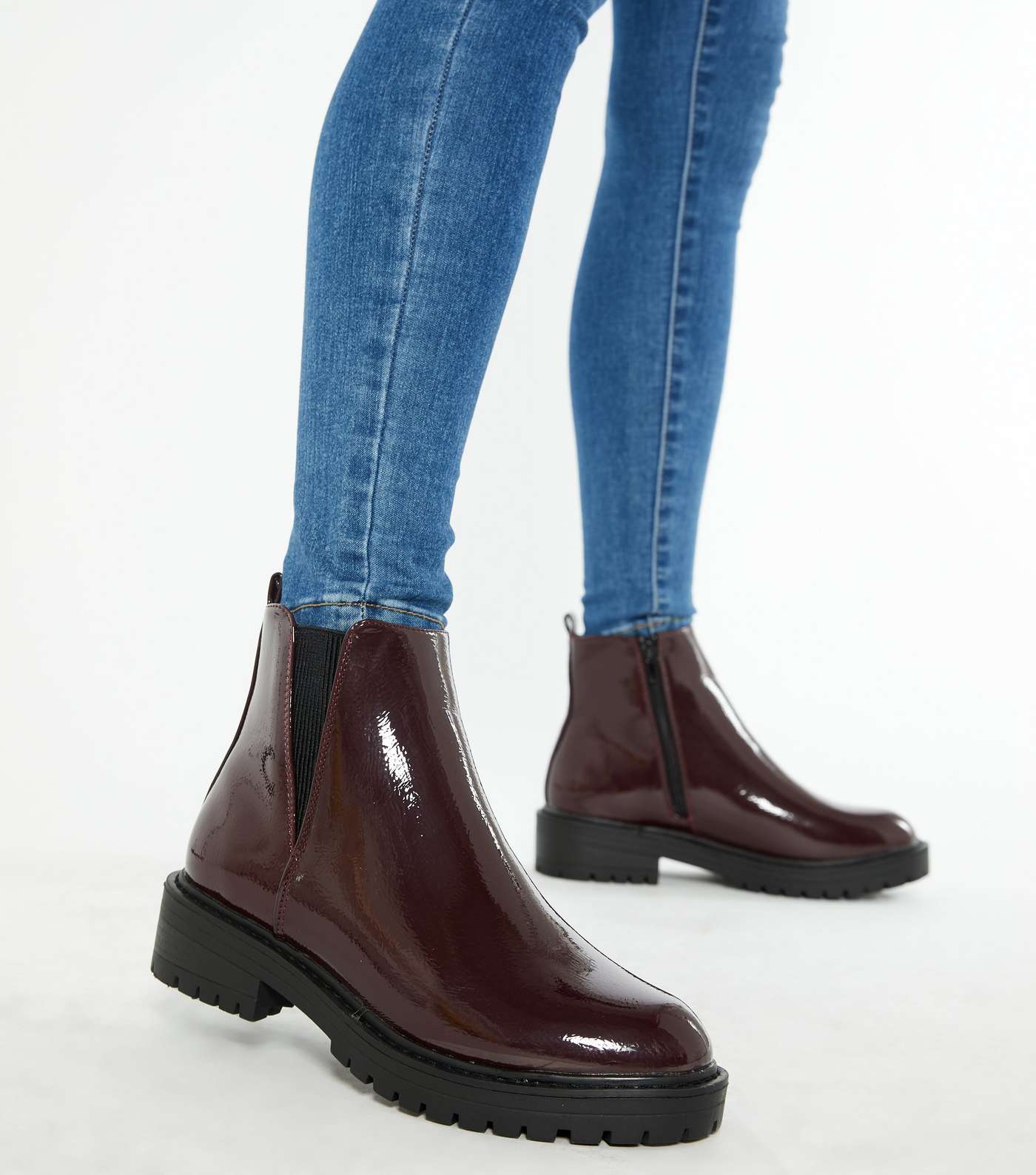 Dark Red Patent Chunky Cleated Boots
