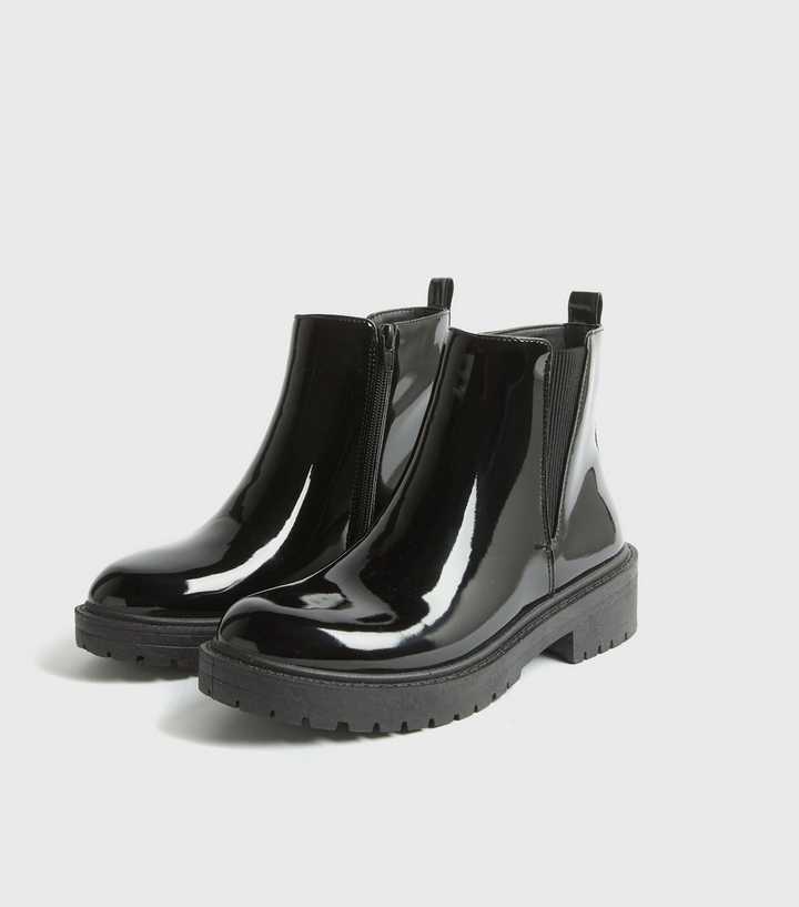 Black Patent Chunky Cleated Chelsea Boots