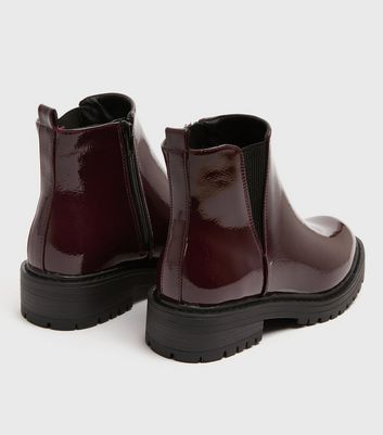 Image of Dark Red Patent Chunky Cleated Chelsea Boots New Look Vegan