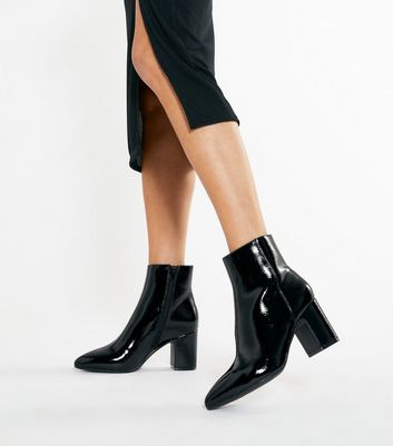 Black Patent Pointed Block Heel Ankle 