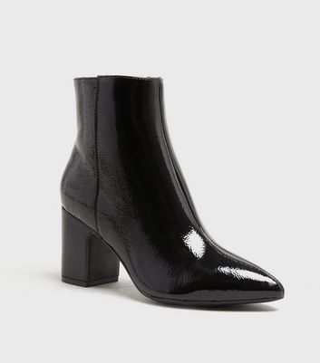 Image of Black Patent Pointed Block Heel Ankle Boots New Look Vegan