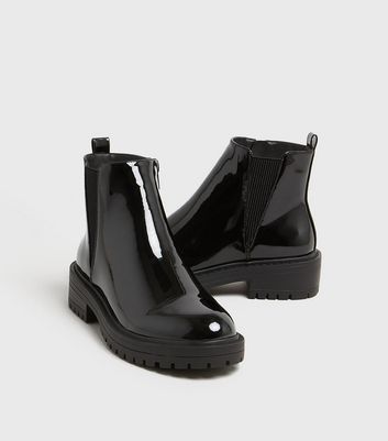 Girls Black Patent Chunky Chelsea Boots 