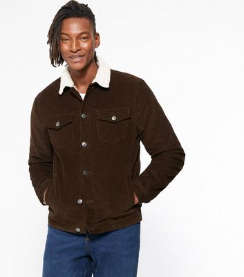 Image of Dark Brown Teddy Trim Corduroy Jacket New Look