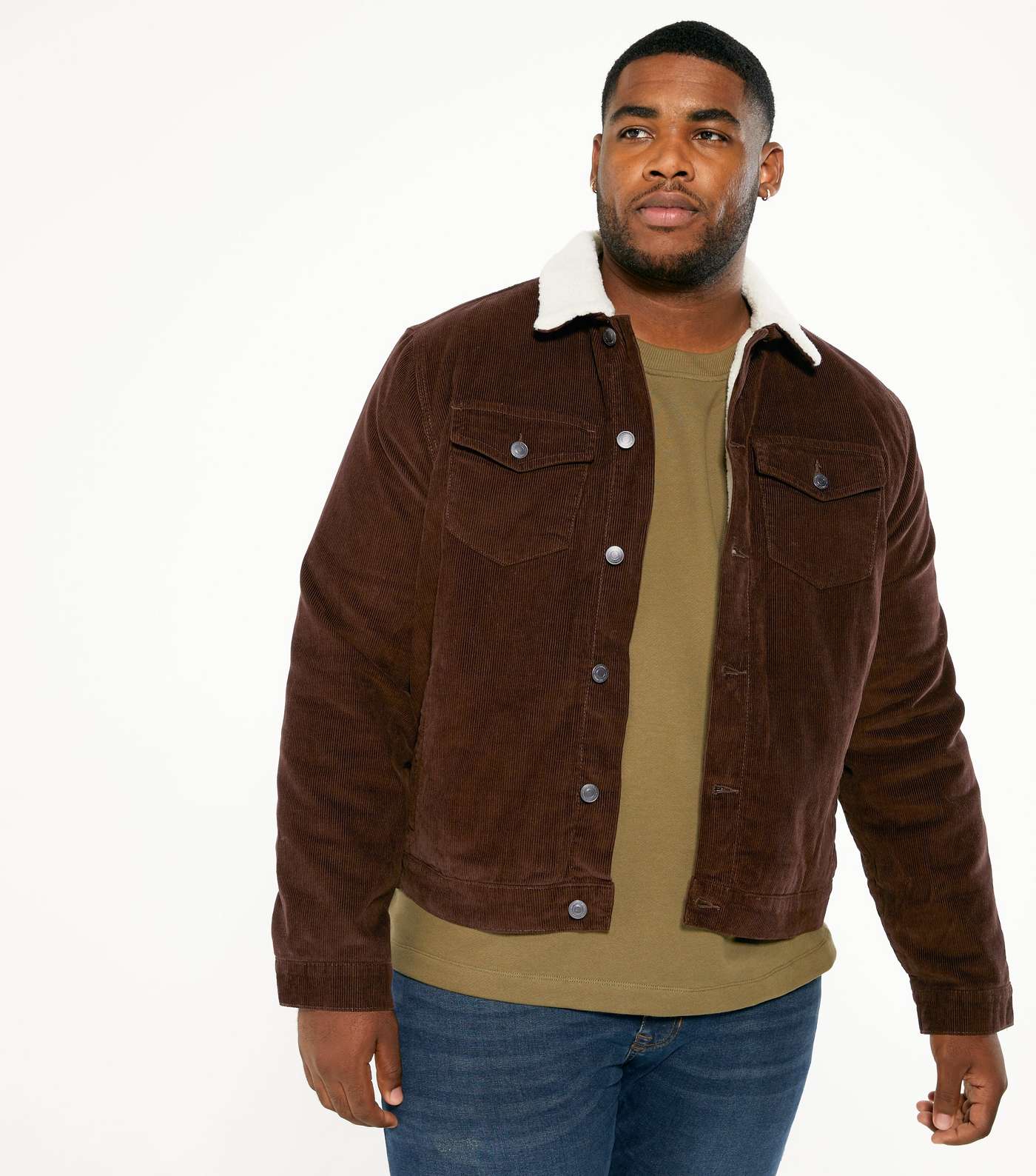 Plus Size Dark Brown Cord Teddy Collar Jacket 