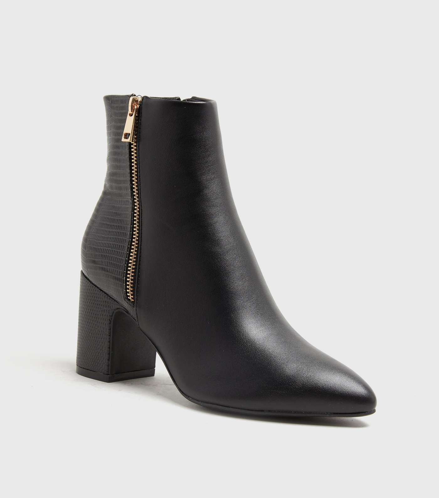 Black Faux Snake Back Block Heel Pointed Ankle Boots Image 2
