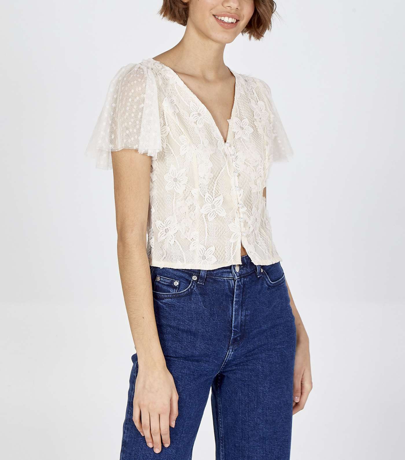 Pink Vanilla Cream Floral Lace Button Top Image 2