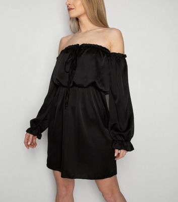 Image of JUSTYOUROUTFIT Black Puff Sleeve Bardot Dress New Look