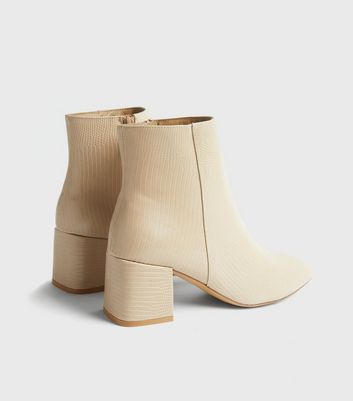 Image of Cream Crinkle Patent Block Heel Ankle Boots New Look Vegan