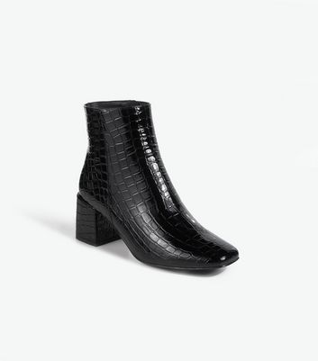 Black Faux Croc Block Heel Ankle Boots 