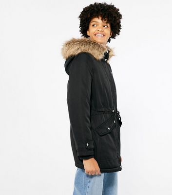 Black Faux Fur Hooded Long Parka Jacket New Look