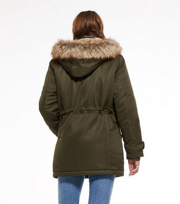 khaki faux fur trim hooded parka