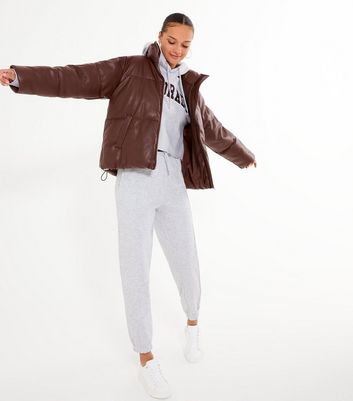 Dark Brown Leather-Look Boxy Puffer 