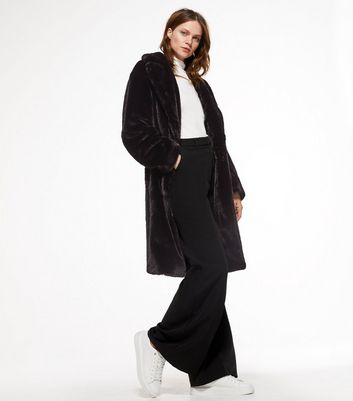 New look black store faux fur longline coat