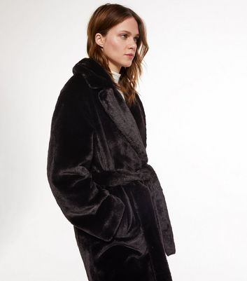 black long faux fur robe belted coat