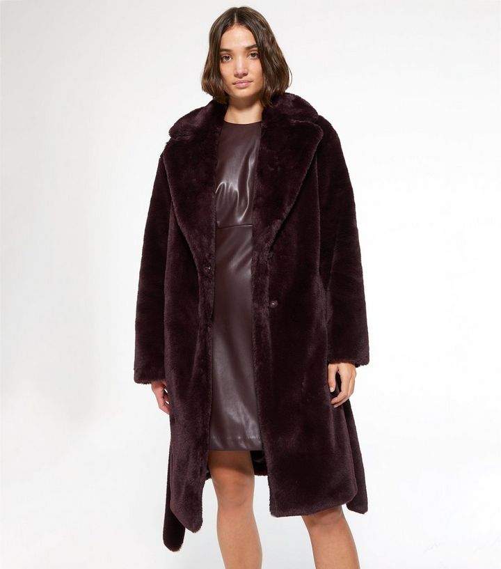 Dark Brown Faux Fur Belted Long Coat, Dark Brown Fur Coat Womens