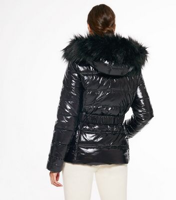 wet look puffer jacket with fur hood