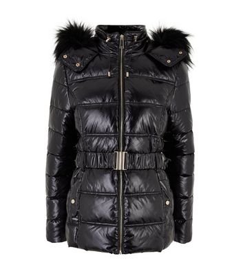 Black Hooded Wet Look Puffer Jacket 