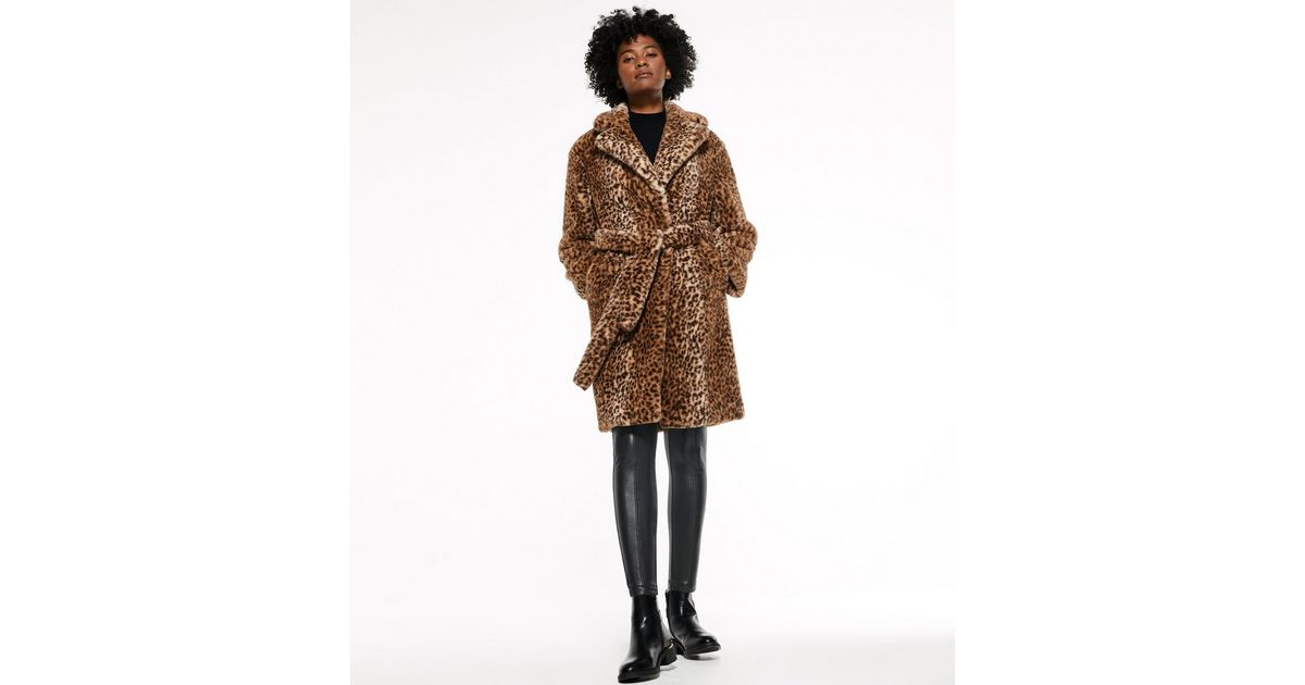 Brown Leopard Print Faux Fur Long Coat, Animal Faux Fur Long Coat