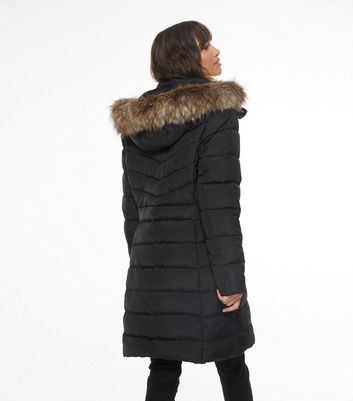 black long padded coat with fur hood