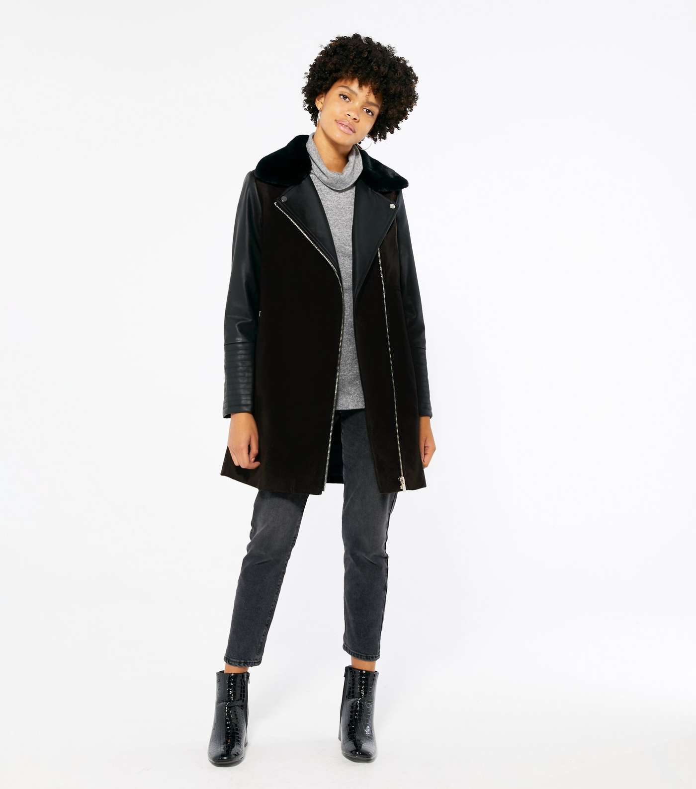 Black Leather-Look Sleeve Collared Coat
