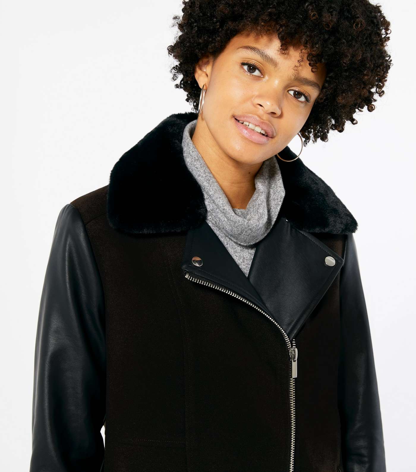 Black Leather-Look Sleeve Collared Coat Image 3