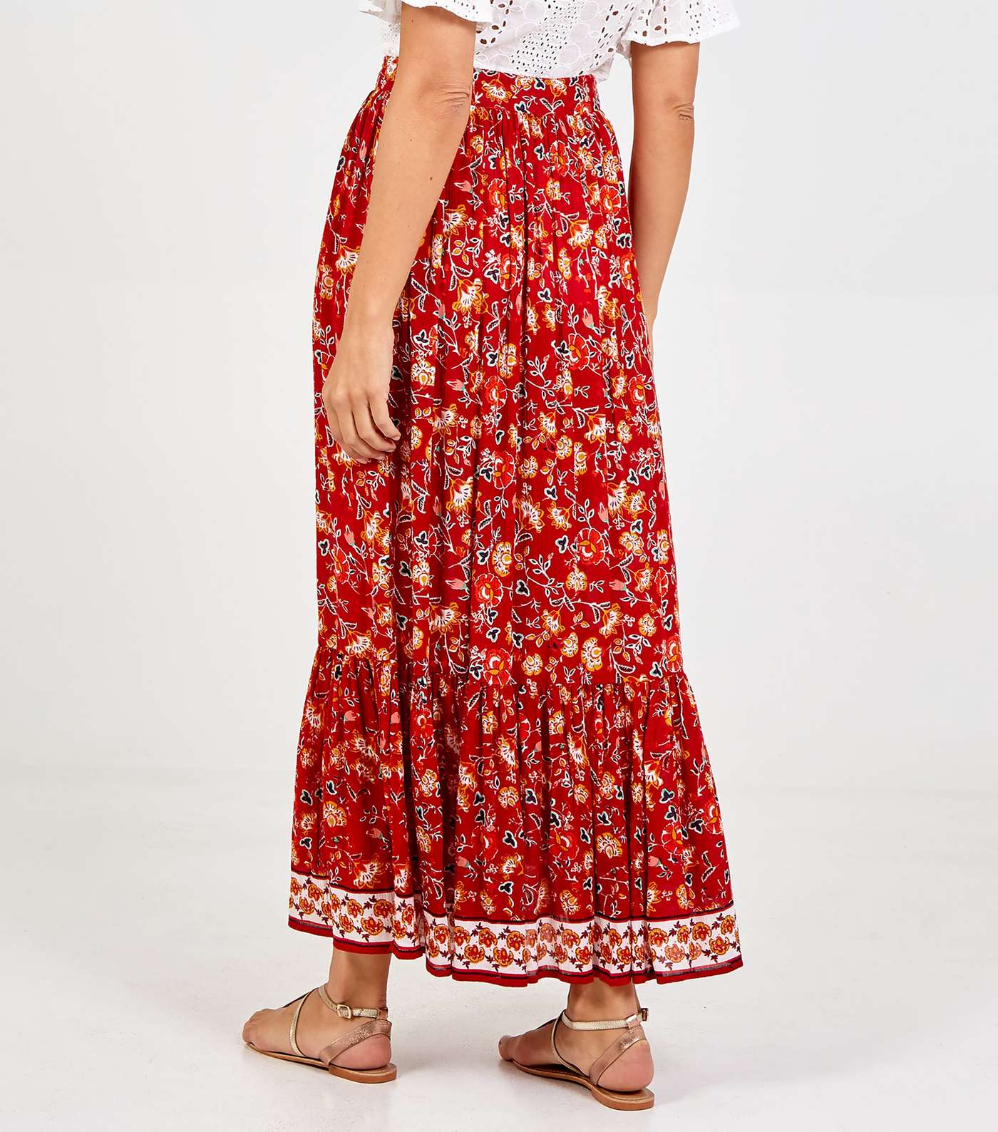 Blue Vanilla Red Floral Ruffle Midi Skirt Image 3
