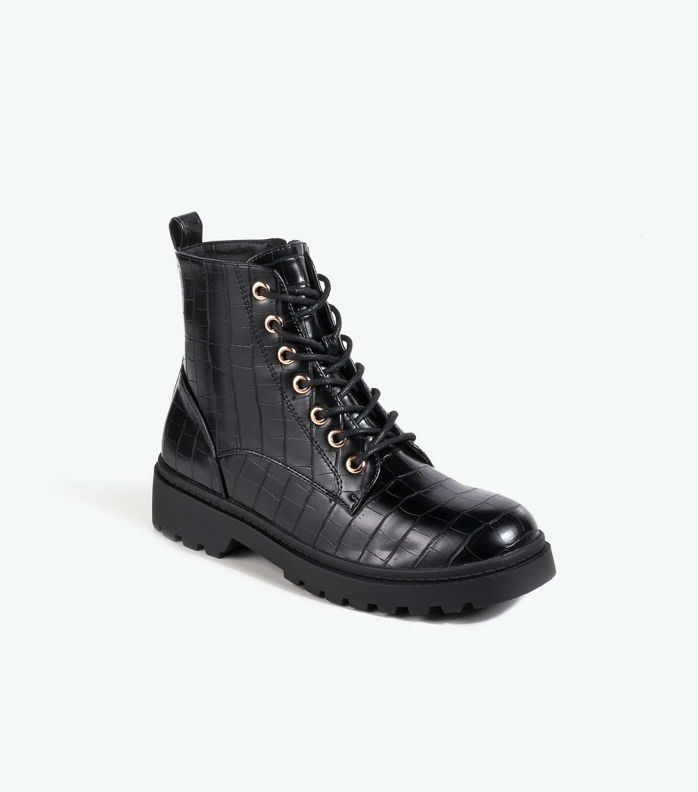 Girls Black Faux Croc Lace Up Chunky Boots  Image 3