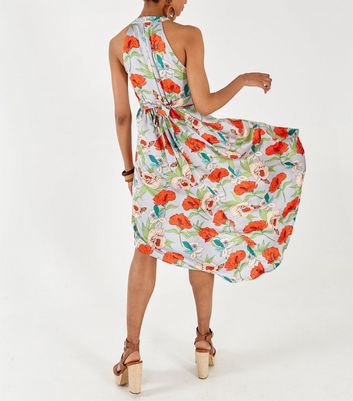 Image of Blue Vanilla Pale Blue Floral Dip Hem Midi Dress New Look