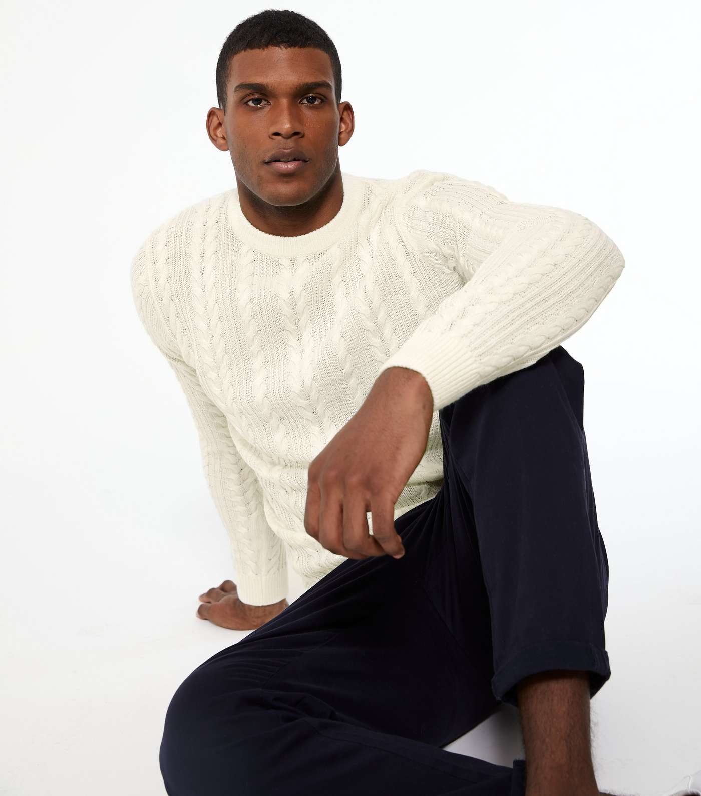 Off White Cable Knit Crew Neck Jumper