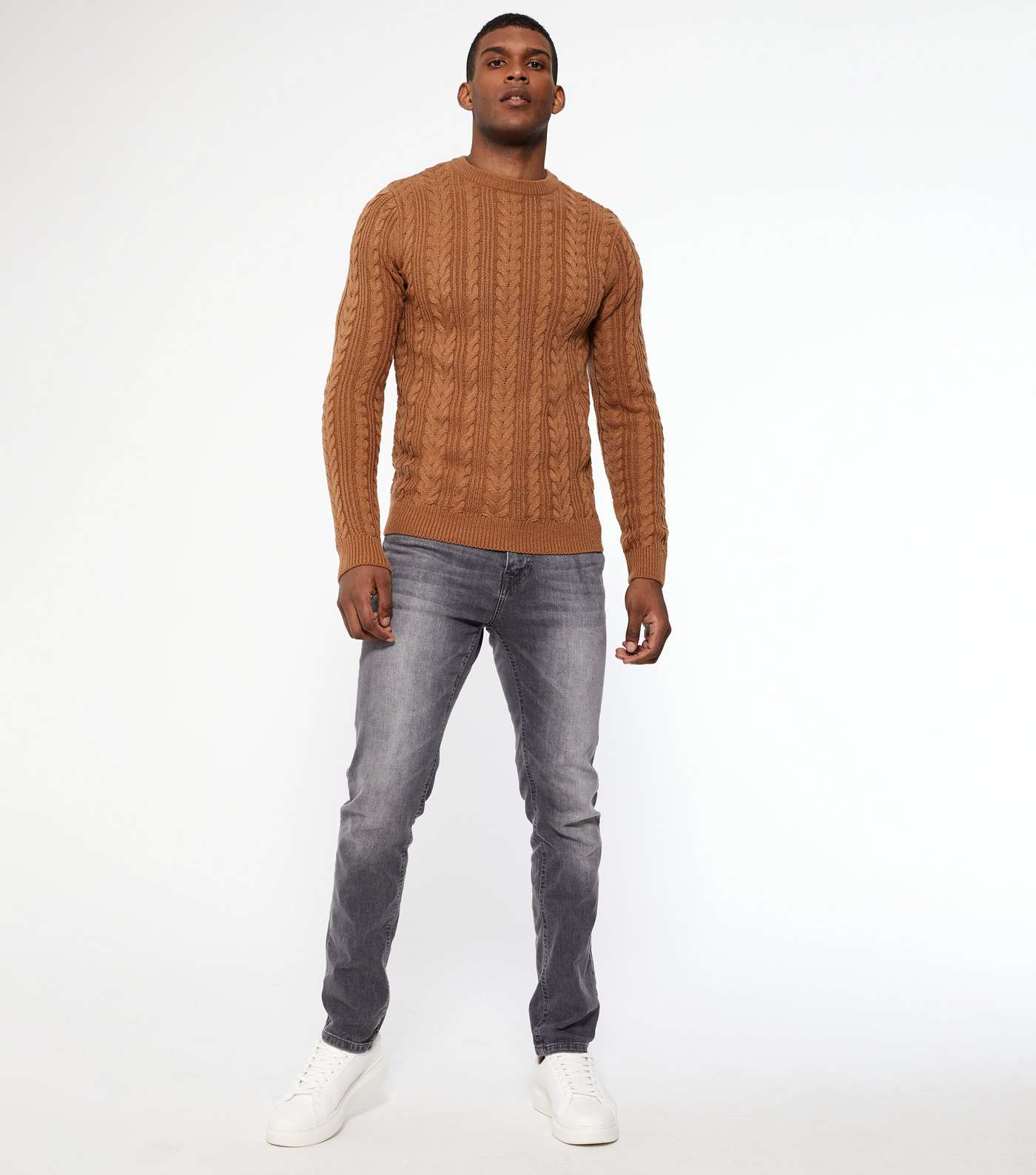 Tan Cable Knit Crew Neck Jumper Image 2