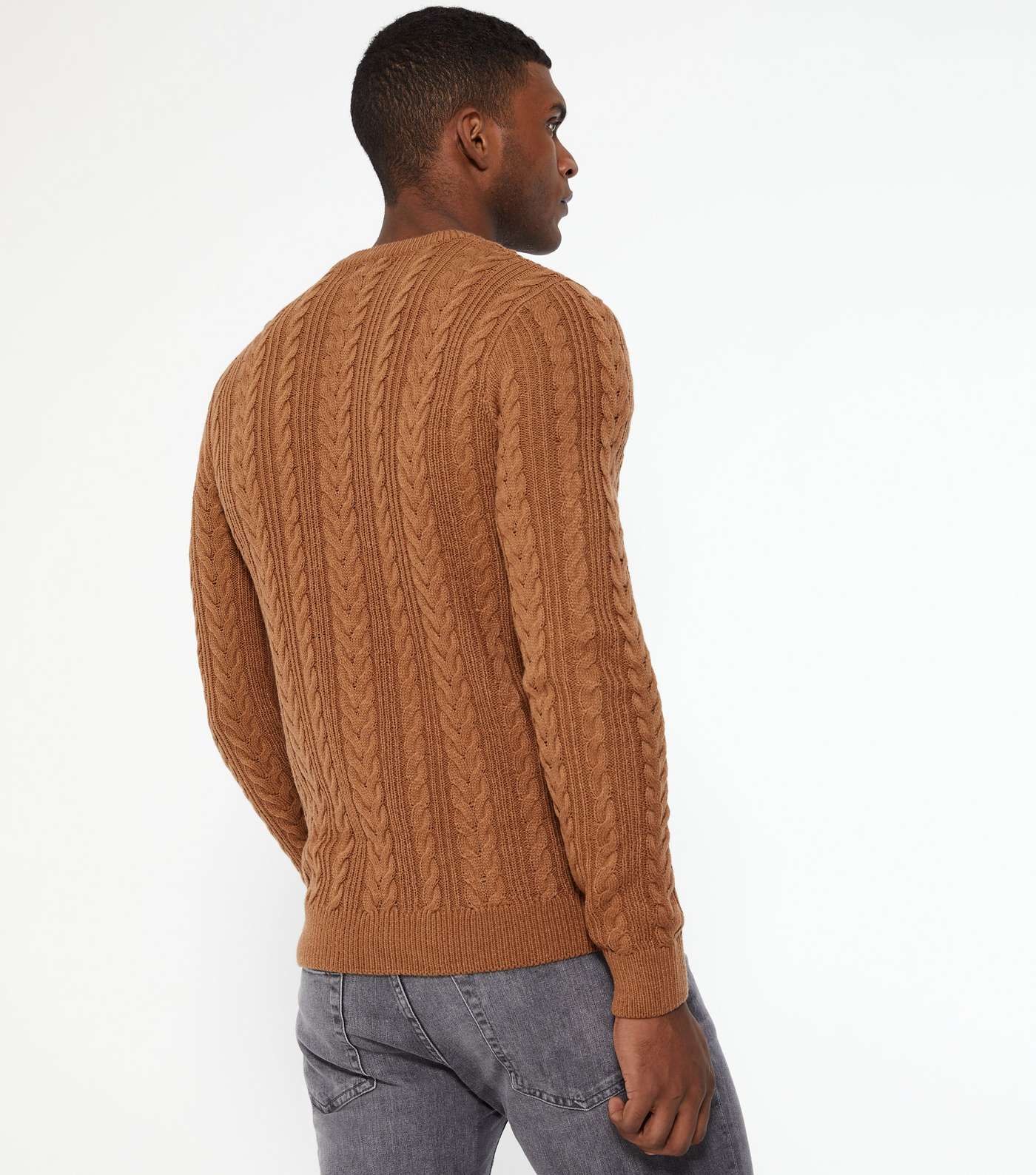 Tan Cable Knit Crew Neck Jumper Image 4