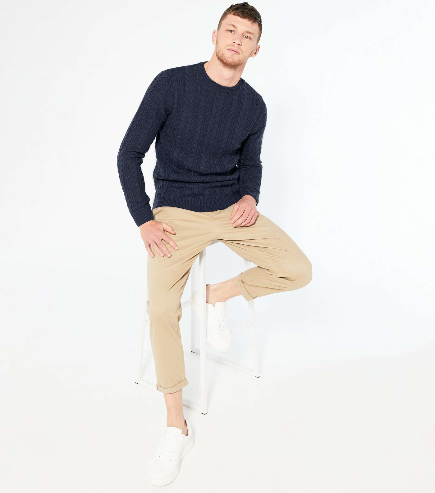 Navy Cable Knit Crew Neck Jumper Image 2