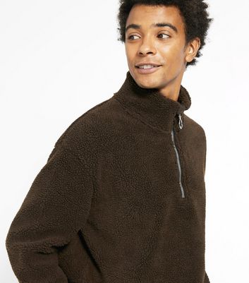 Image of Dark Brown Borg Zip Neck Sweatshirt New Look