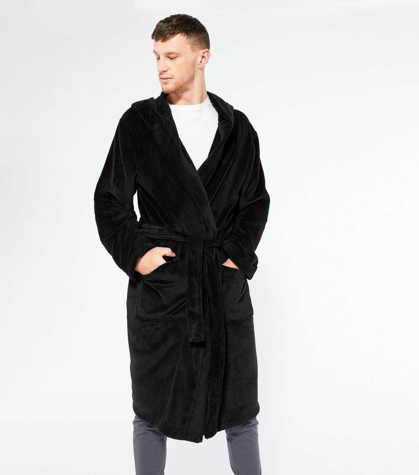 Black Soft Fleece Hooded Dressing Gown  Image 2