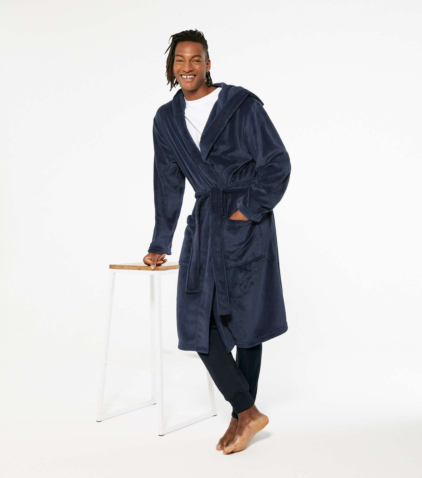 Navy Soft Fleece Hooded Dressing Gown  Image 2