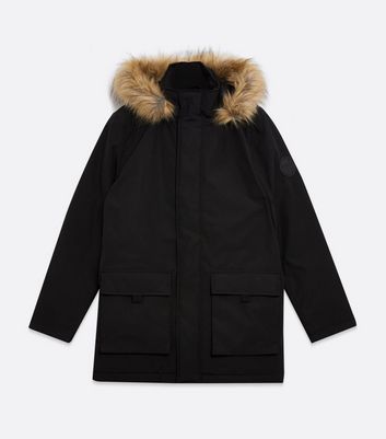 Image of Black Faux Fur Hood Heavyweight Parka Coat New Look