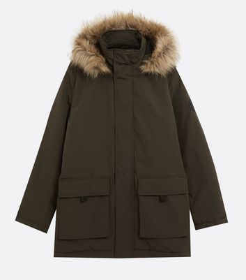 Image of Khaki Faux Fur Hood Heavyweight Parka Coat New Look